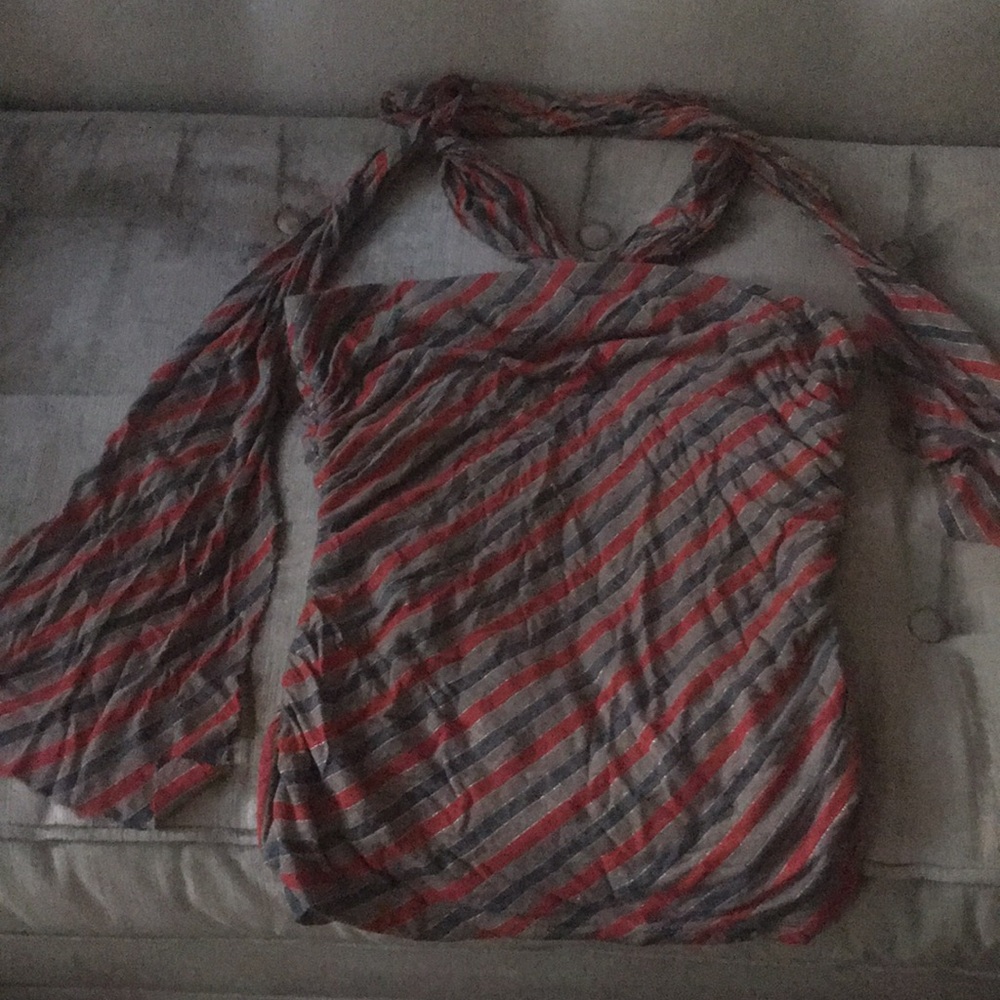 Taupe, Navy, red, and gold stripe ruched top